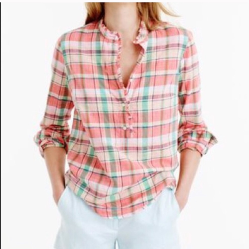 J Crew Ruffle Shirt (melon plaid)